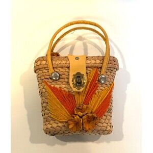 Handmade Mexican Cane Purse, 1970s Mod Floral Yarn Decor